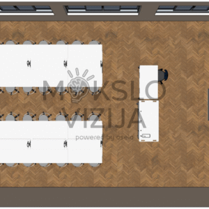 Gamtos mokslų laboratorijos išplanavimas su grupinio darbo stalais, mobiliais suolais ir techninėmis laikymo zonomis.