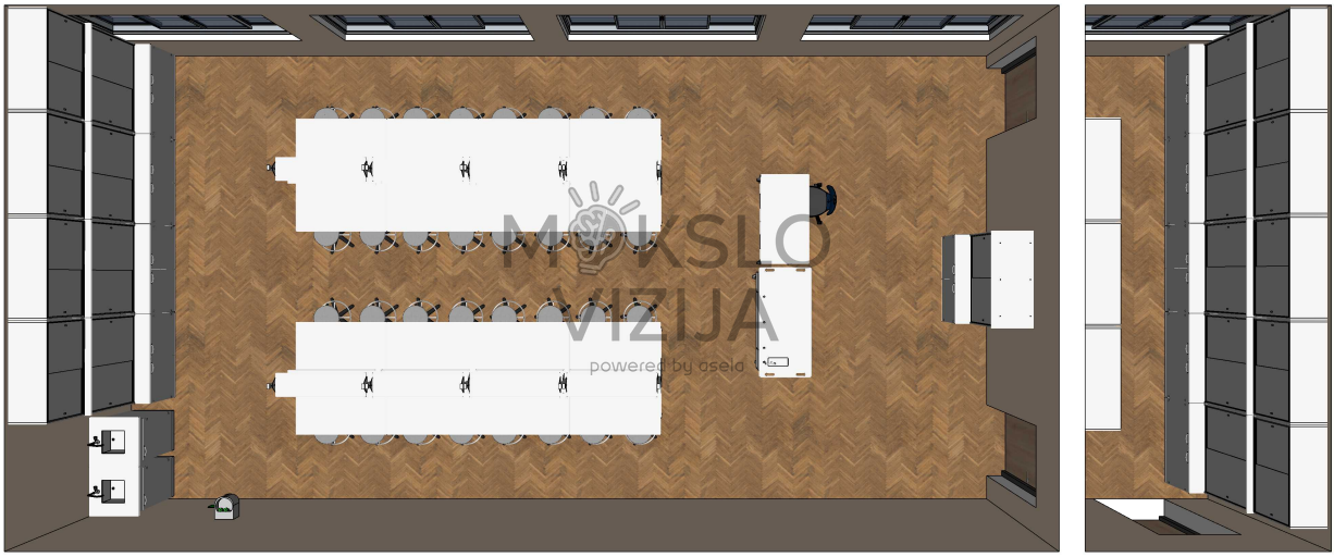 Gamtos mokslų laboratorijos išplanavimas su grupinio darbo stalais, mobiliais suolais ir techninėmis laikymo zonomis.