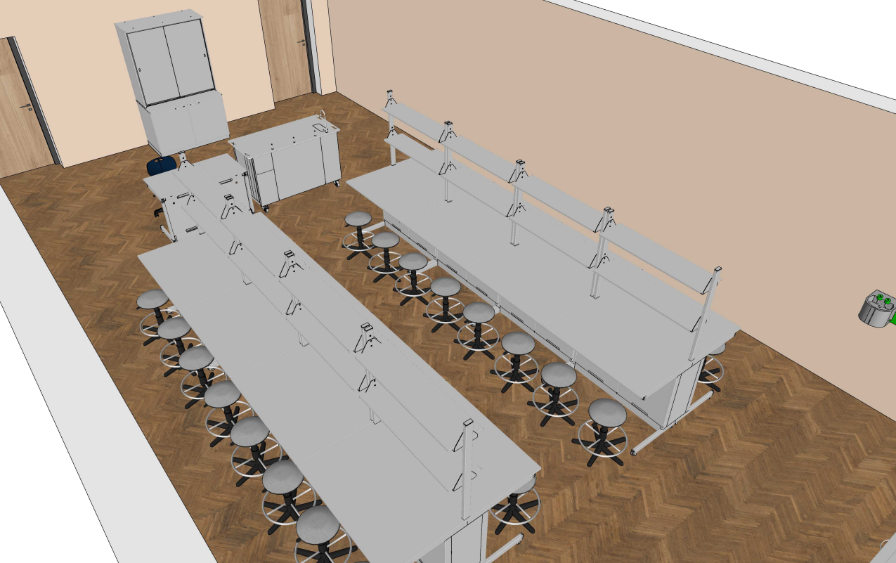 Praktinio ugdymo laboratorija su laikymo spintomis perimetru, kriaukle ir akių plovikliu.