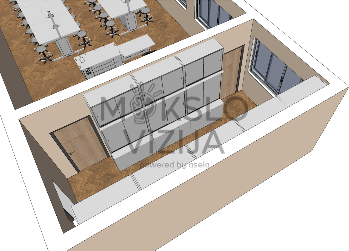 Gamtos mokslų laboratorijos brėžinys su dviem centrinėmis darbo zonomis ir keturviečiais stalais.