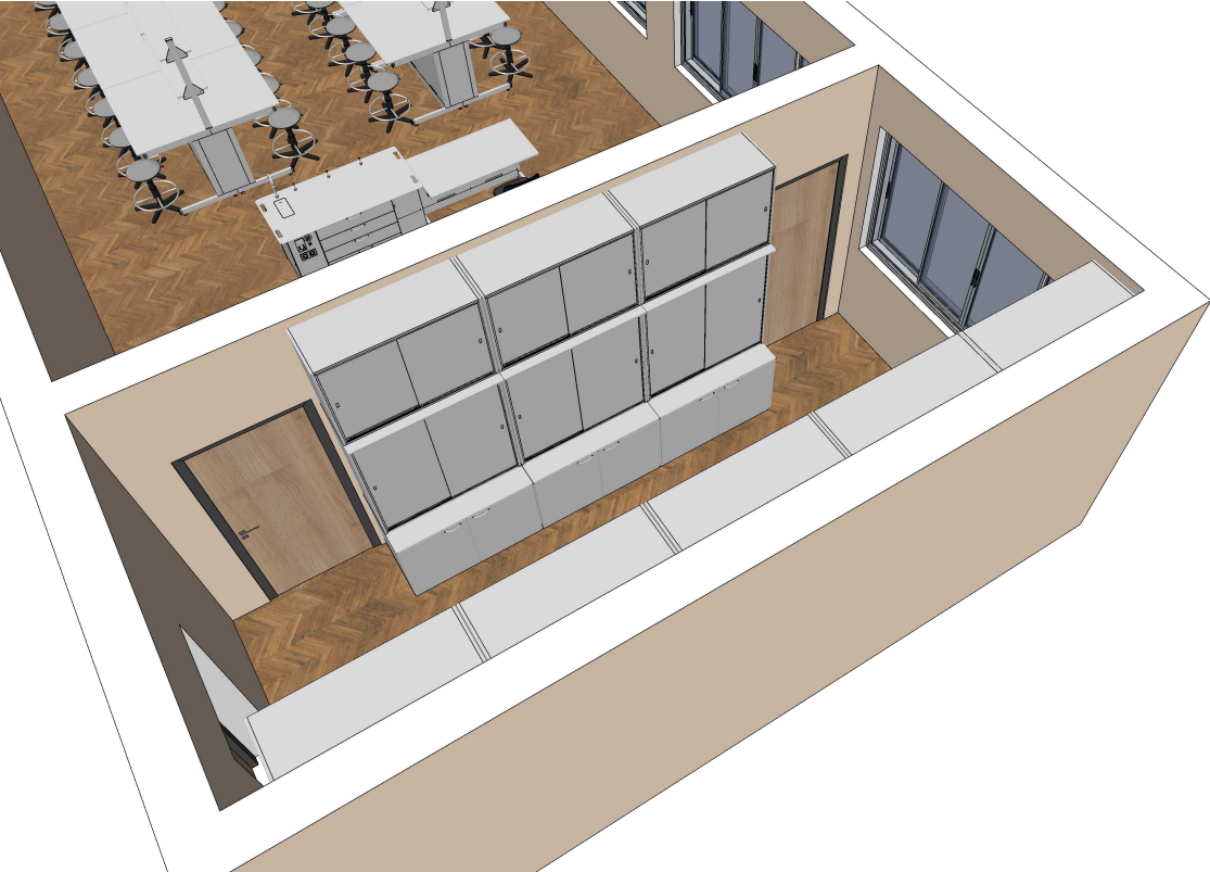 Gamtos mokslų laboratorijos brėžinys su dviem centrinėmis darbo zonomis ir keturviečiais stalais.