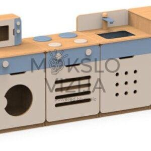 Modulinis lėlių namelio virtuvės komplektas su šaldytuvu, virykle, kriaukle ir skalbykle.