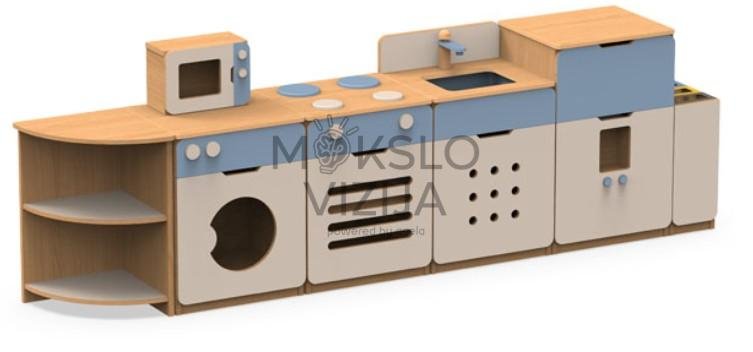 Modulinis lėlių namelio virtuvės komplektas su šaldytuvu, virykle, kriaukle ir skalbykle.