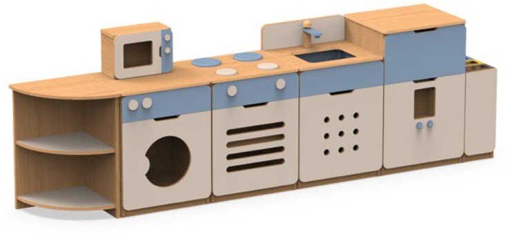 Modulinis lėlių namelio virtuvės komplektas su šaldytuvu, virykle, kriaukle ir skalbykle.