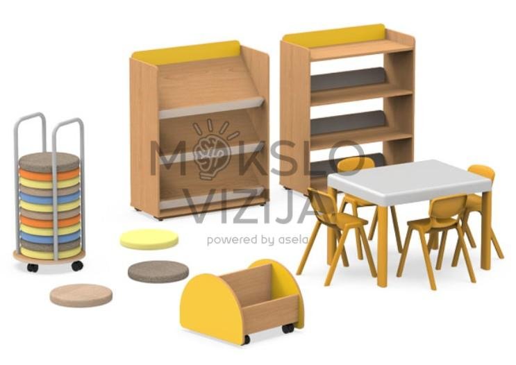 Lėlių namelio bibliotekos komplektas su knygų spintomis, vežimėliais, stalu ir kėde.