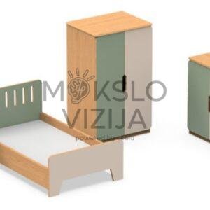 Lėlių namelio miegamojo komplektas su lova, spinta, komoda ir naktiniu staliuku.