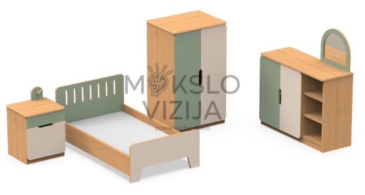 Lėlių namelio miegamojo komplektas su lova, spinta, komoda ir naktiniu staliuku.