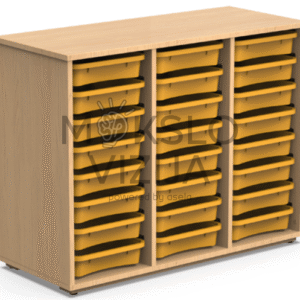 Trijų kolonų medinis kabinetas su 24 atviromis lentynomis daiktų laikymui.