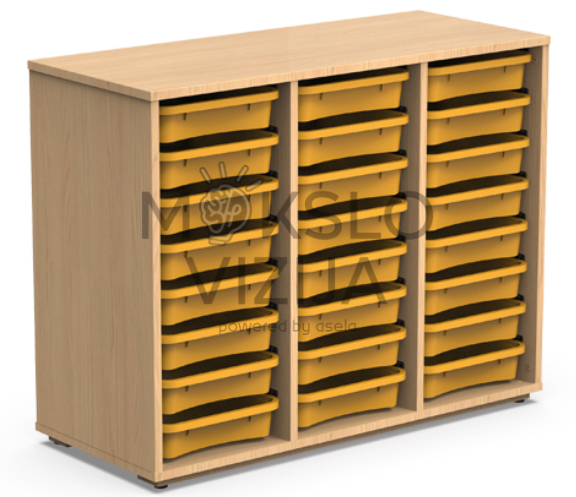 Trijų kolonų medinis kabinetas su 24 atviromis lentynomis daiktų laikymui.