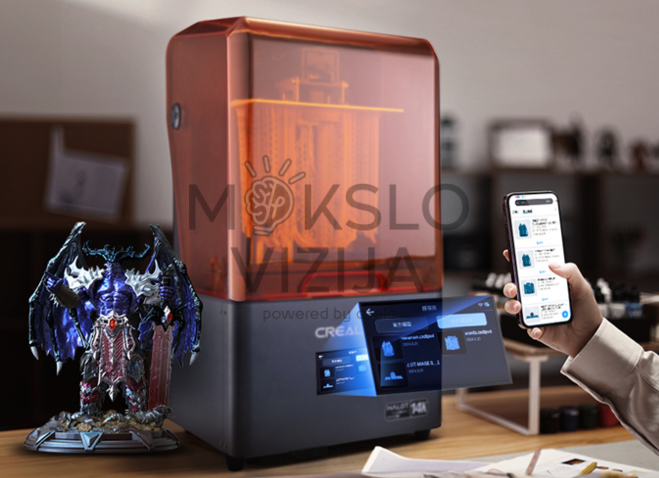 Dervinis 3D spausdintuvas su oranžiniu UV dangčiu valdomas telefonu per WiFi