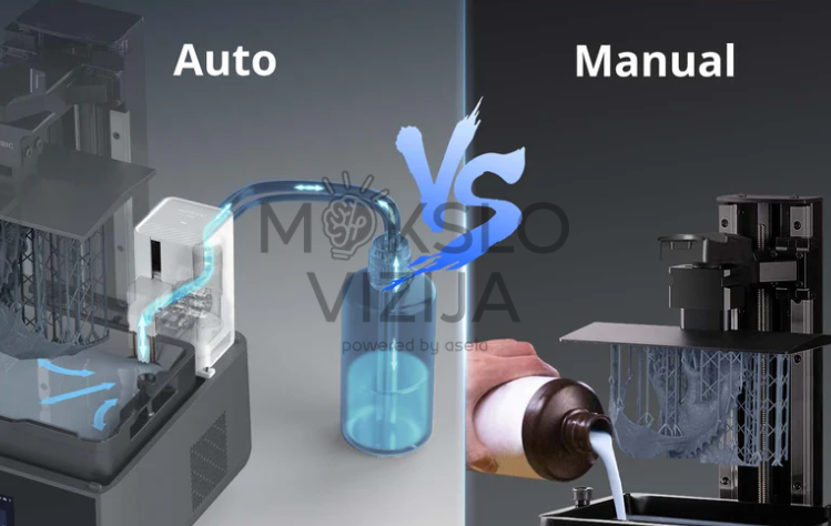 3D spausdintuvas su automatine dervos padavimo sistema palyginus su rankiniu užpildymu