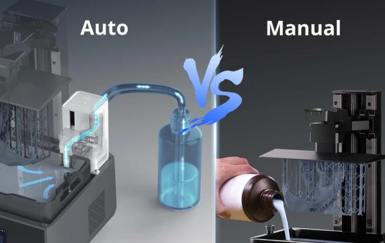3D spausdintuvas su automatine dervos padavimo sistema palyginus su rankiniu užpildymu