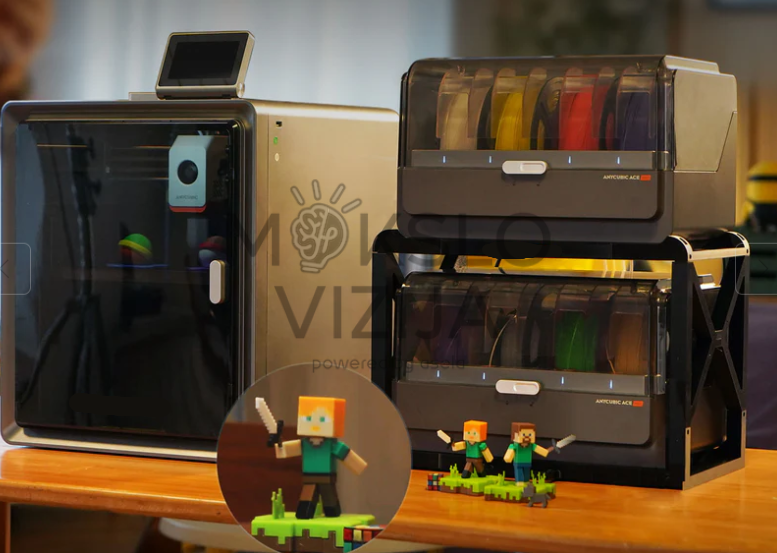 3D spausdintuvo daugiaspalvio spausdinimo modulis su keliomis gijų kasetėmis ir spalvotais filamentais