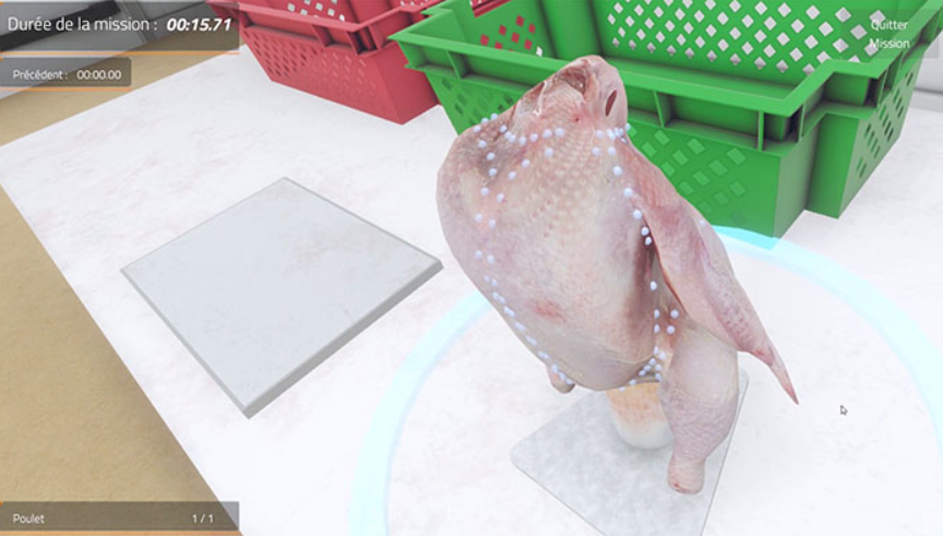 Virtualioje aplinkoje pavaizduota visa višta su pažymėtomis pjovimo vietomis, skirta profesiniam mokymui maisto sektoriuje