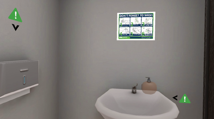 VR aplinkoje pavaizduota rankų plovimo zona su higienos plakatu ir pažymėtais patikros taškais
