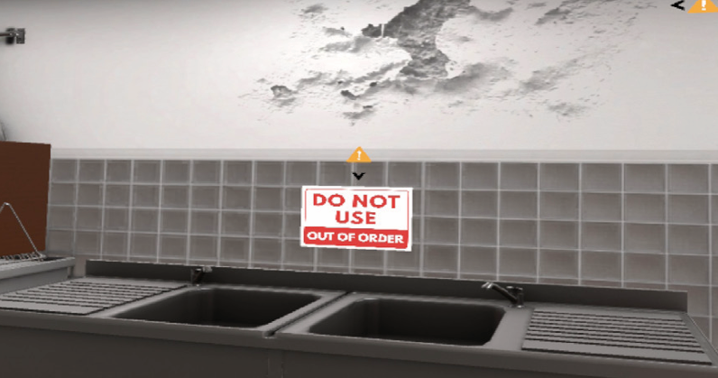VR aplinkoje matoma dviguba plautuvė su ženklu „Do not use“ ir sienos pažeidimu, skirtu higienos patikros mokymui