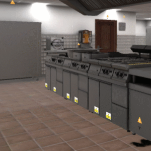 Virtualios realybės profesionali virtuvė su pažymėtais galimais higienos pažeidimais prie įrangos ir grindų