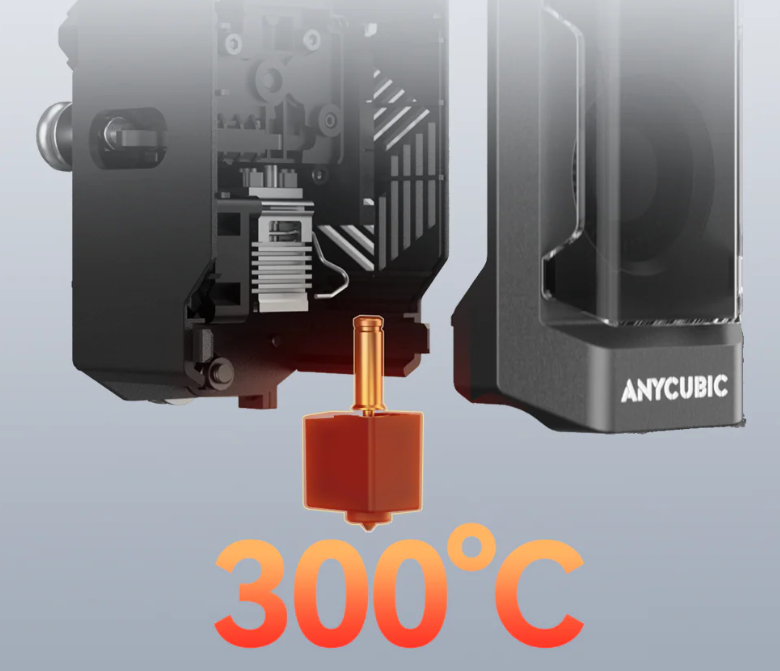 3D spausdintuvo spausdinimo galvutė su metaliniu kaitinimo bloku ir pažymėta 300 laipsnių Celsijaus temperatūra