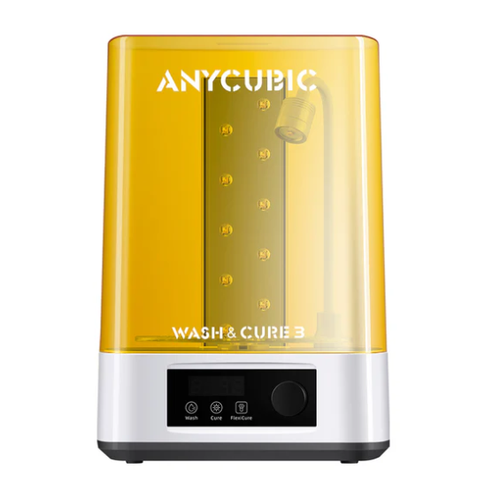 Geltonu apsauginiu gaubtu dengtas UV kietinimo įrenginys su LED apšvietimu ir valdymo ekranu, skirtas dervinių 3D modelių kietinimui