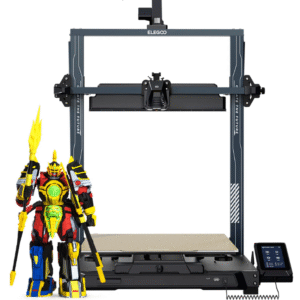 Atviro rėmo FDM tipo 3D spausdintuvas su didele šildoma platforma ir jutikliniu valdymo ekranu, šalia pastatytas spalvotas roboto modelis