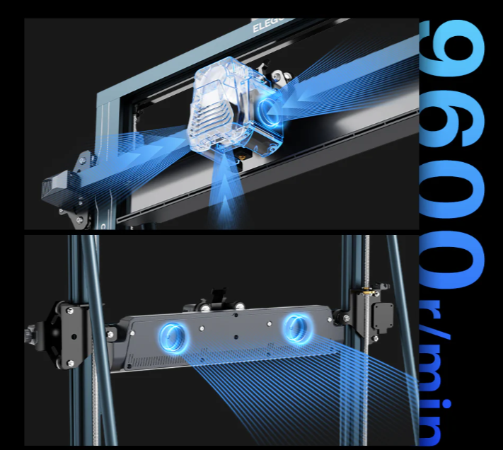 3D spausdintuvo galvutė su oro srauto vizualizacija ir pažymėtu iki 60000 mm per minutę judėjimo greičiu