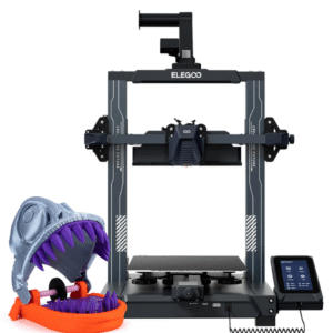 Atviro rėmo FDM tipo 3D spausdintuvas su jutikliniu ekranu ir šalia pastatytu spalvotu 3D modeliu