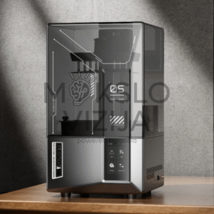 Kompaktiškas resin 3D spausdintuvas ant stalo su permatomu dangčiu ir valdymo ekranu, tinkamas prototipų gamybai