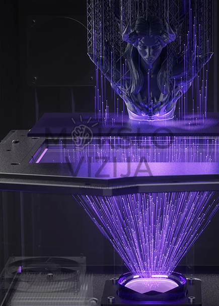 Resin 3D spausdinimo kamera su violetine UV šviesa ir spausdinamu modeliu, formuojamu sluoksnis po sluoksnio