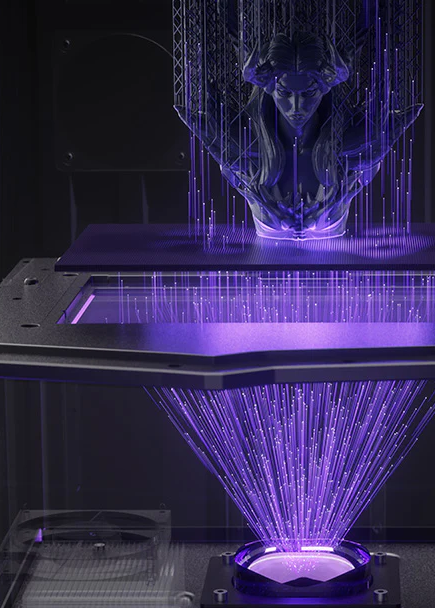 Resin 3D spausdinimo kamera su violetine UV šviesa ir spausdinamu modeliu, formuojamu sluoksnis po sluoksnio