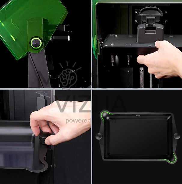 Resin 3D spausdintuvo detalės su pakeliamu dangčiu, rankomis reguliuojamais komponentais ir nuimama dervos talpa