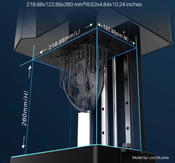 Dervinio 3D spausdintuvo spausdinimo zona su pažymėtais matmenimis 218,88 × 122,88 × 260 mm.