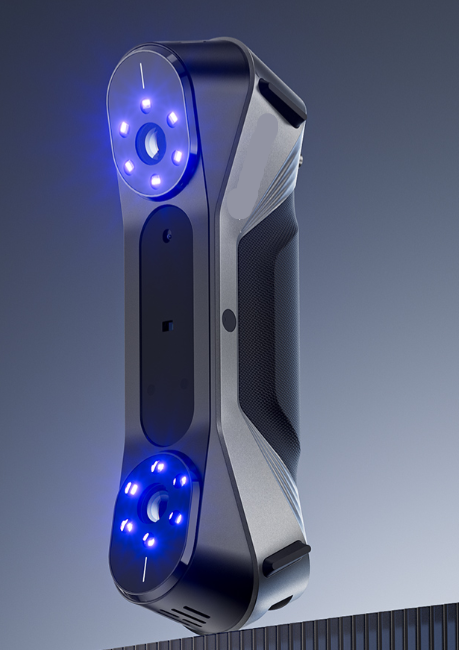 Profesionalus rankinis 3D skeneris su mėlyno lazerio šviesomis ir ergonomišku korpusu, skirtas tiksliam 3D skenavimui.
