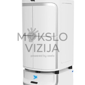 Baltas autonominis pristatymo robotas Speedybot, skirtas siuntų ir priemonių transportavimui patalpose.