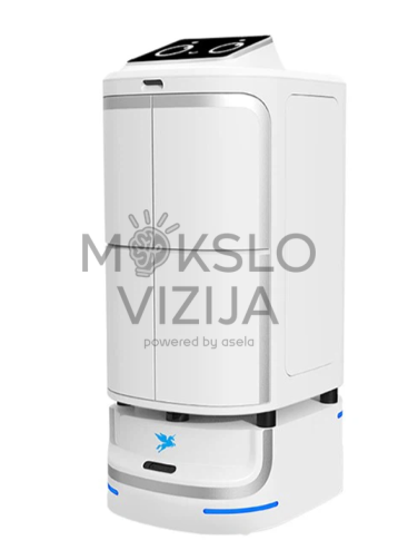 Baltas autonominis pristatymo robotas Speedybot, skirtas siuntų ir priemonių transportavimui patalpose.