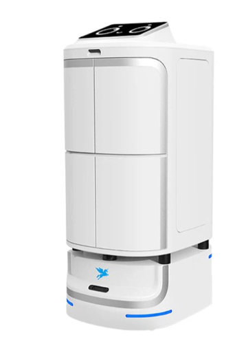 Baltas autonominis pristatymo robotas Speedybot, skirtas siuntų ir priemonių transportavimui patalpose.