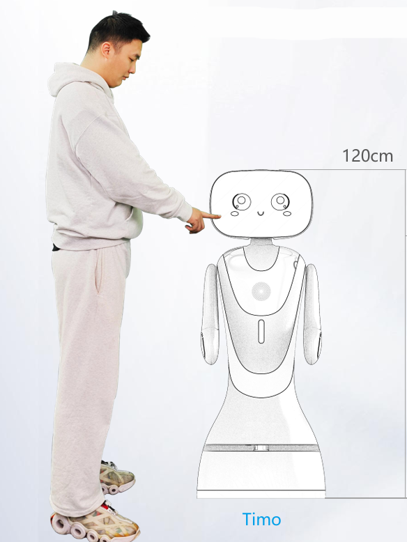120 cm aukščio mobilus AI serviso robotas su ekranu ir autonomine navigacija, naudojamas klientų aptarnavimui ir informacijos teikimui.