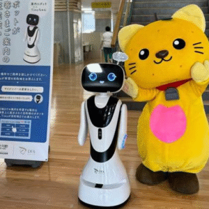 Dirbtinio intelekto serviso robotas prekybos centre su liečiamu ekranu ir balso sąveika, skirtas klientų aptarnavimui ir informacijos teikimui.