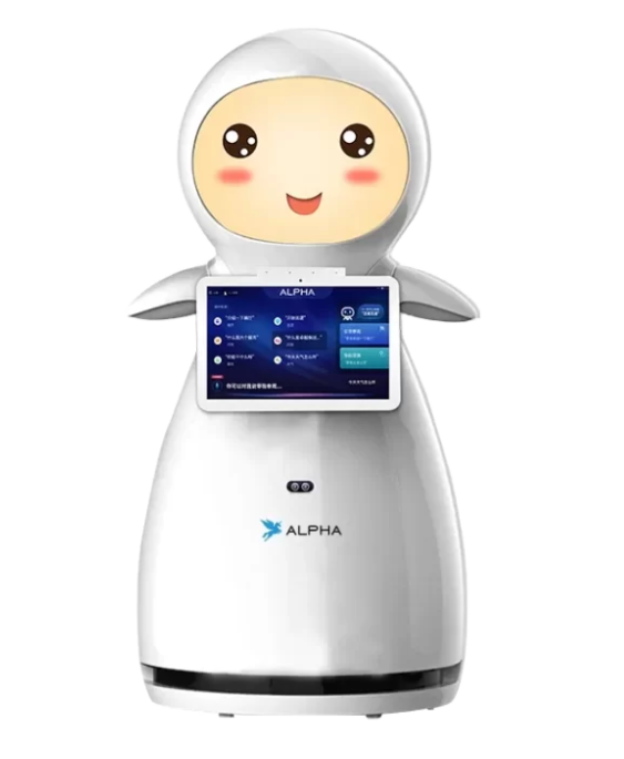 Baltas dirbtinio intelekto serviso robotas su liečiamu ekranu ir animuotu veidu, naudojamas informacijos pateikimui ir klientų aptarnavimui.