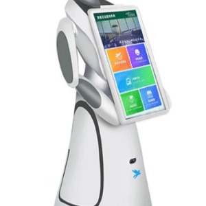 Baltas mobilus AI serviso robotas su dideliu liečiamu ekranu ir skaitmenine sąsaja, naudojamas viešųjų erdvių informacijos pateikimui.