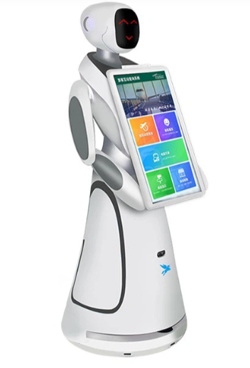 Baltas mobilus AI serviso robotas su dideliu liečiamu ekranu ir skaitmenine sąsaja, naudojamas viešųjų erdvių informacijos pateikimui.