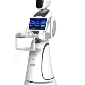 Autonominis maisto pristatymo robotas su liečiamu ekranu ir padėklais, naudojamas restoranams ir viešbučiams aptarnavimo efektyvumui didinti.