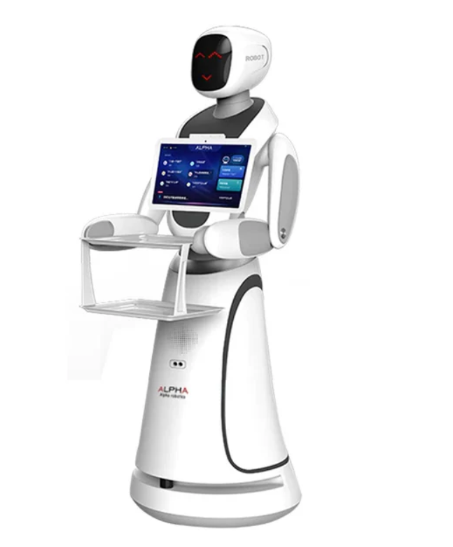 Autonominis maisto pristatymo robotas su liečiamu ekranu ir padėklais, naudojamas restoranams ir viešbučiams aptarnavimo efektyvumui didinti.