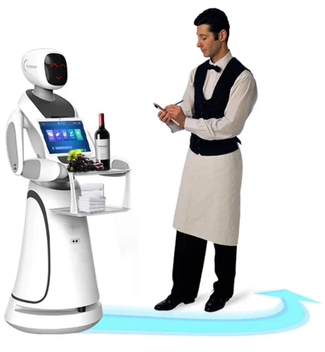 Dirbtinio intelekto maisto pristatymo robotas su padėklu ir ekranu, skirtas restoranų ir kavinių automatizuotam aptarnavimui.