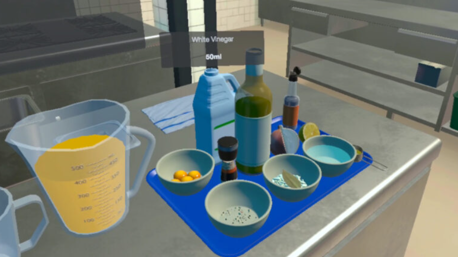 Virtualios realybės virtuvės scena su ingredientais ir matavimo indais, skirtais kulinarijos mokymams.
