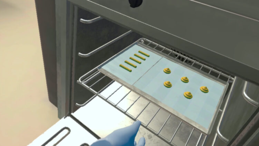 Virtualios realybės virtuvės scena, kurioje kepimo skarda įdedama į orkaitę kulinarijos mokymų metu.