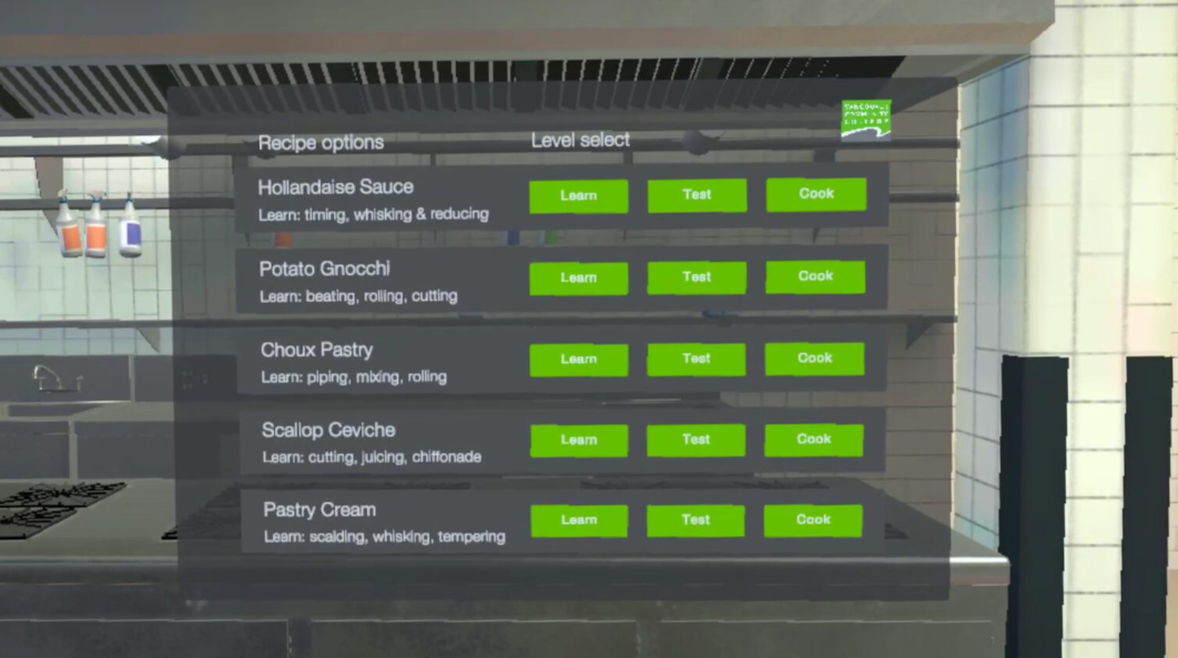 VR virtuvės programos meniu su receptų sąrašu ir pasirinkimais Learn, Test ir Cook.