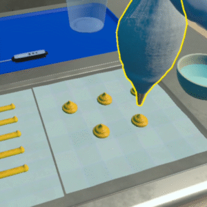 Virtualios realybės scena, kurioje konditerijos maišeliu formuojama tešla kepimo skardoje.