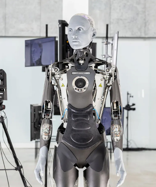 Pažangus humanoidinis robotas su matoma mechanine struktūra, naudojamas robotikos tyrimams ir edukacijai.