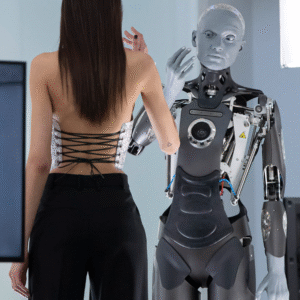 Humanoidinis robotas bendrauja su žmogumi demonstracinėje aplinkoje, rodydamas realistišką veido mimiką ir kūno judesius.