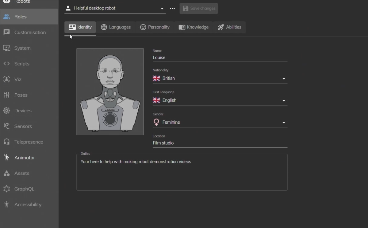 Humanoidinio roboto valdymo programinė įranga su nustatymų ir personalizavimo galimybėmis.